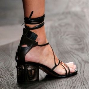 VALENTINO Black Leather Tribal Lace Up Sandals sz 37 / 7